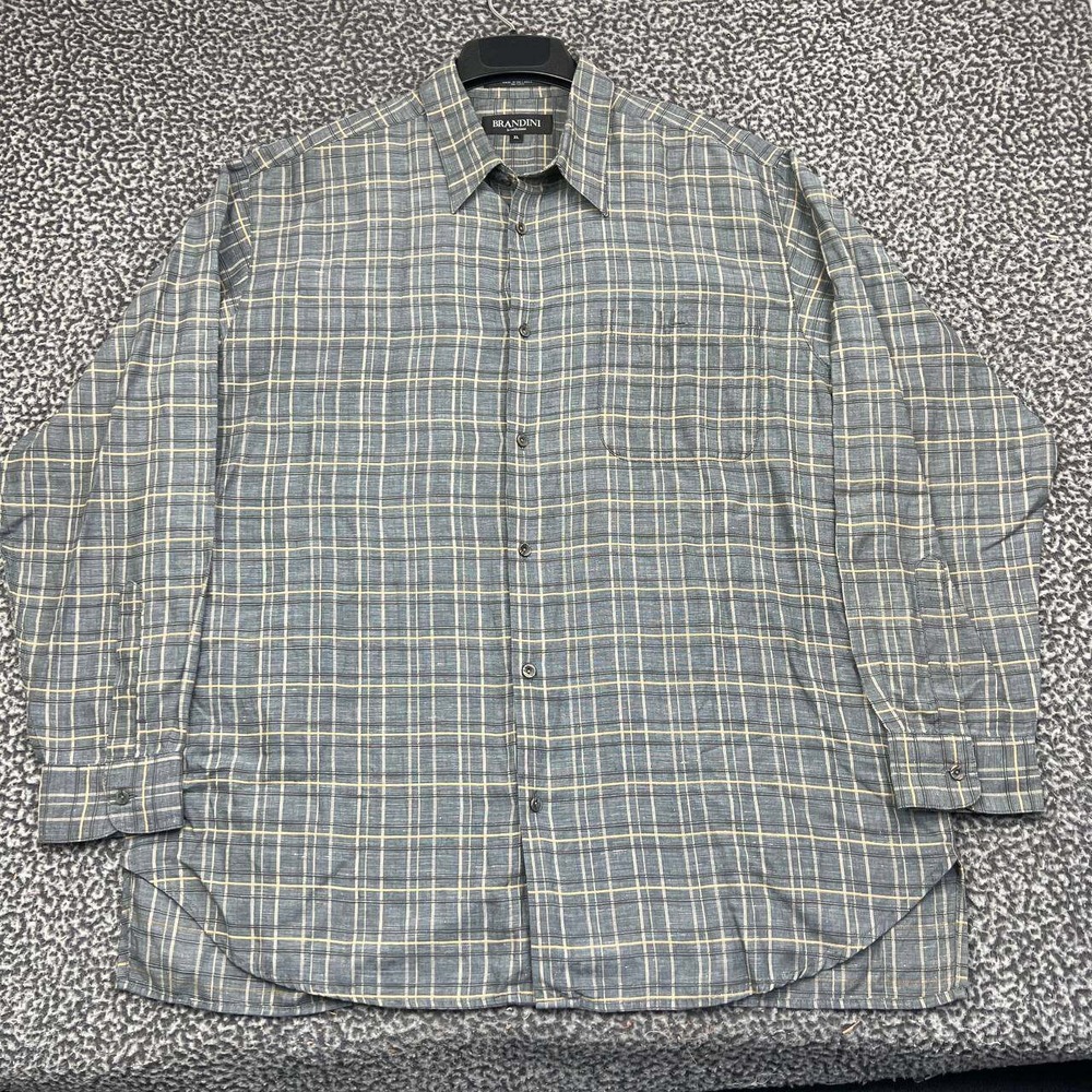 Brandini Button Up Shirt Men XL Gray Plaid Linen Blend Long Sleeve